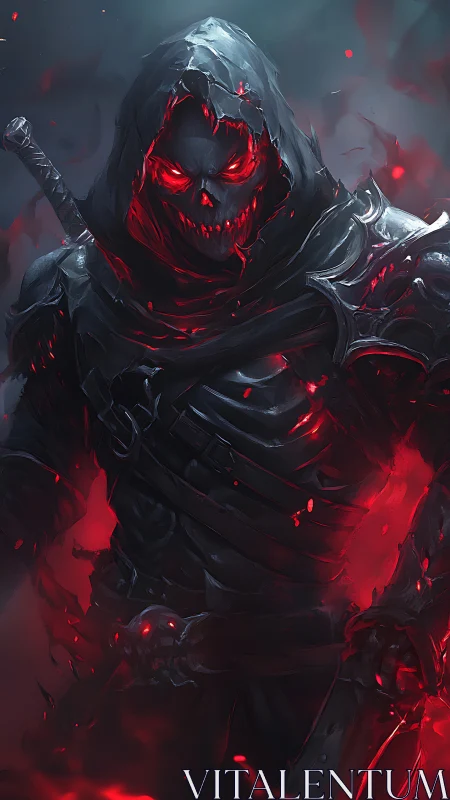 Armored reaper in fractured hood radiates red spectral energy