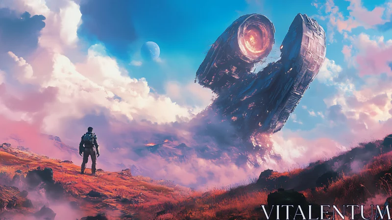 Solitary astronaut observing tilted starship on alien plateau.