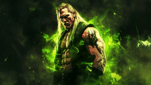 Digital painting of muscular warrior in neon green haze field.