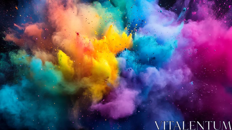 Color powder explosion forms dense multicolored radial cloud