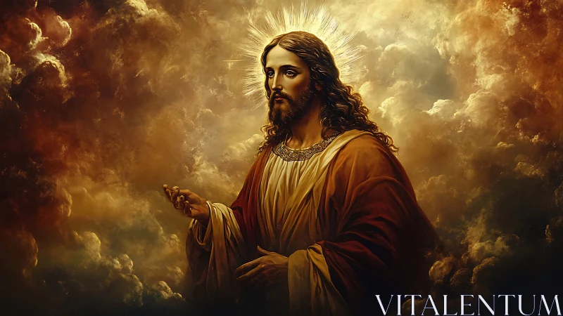 Radiant sacred figure emerges through luminous storm clouds.