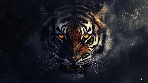 High-contrast tiger portrait isolates glowing eyes in smoky void