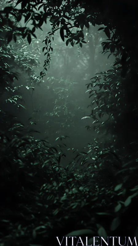 Misty Forest Passage Through Shadowed Foliage.