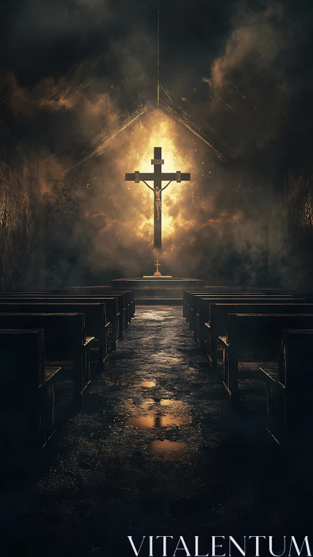 Radiant crucifix glows within a dark, smoke-filled chapel.