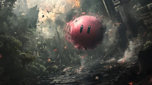 Pink spherical character hovers in ruined overgrown city