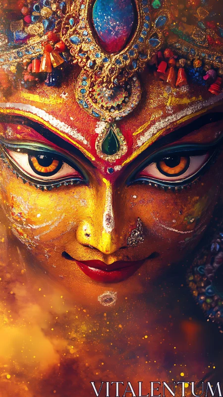 Digital painting of jeweled goddess visage in fiery chroma focus.