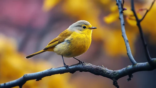 Yellow Songbird on Branch in Vibrant Autumn Nature Photography.