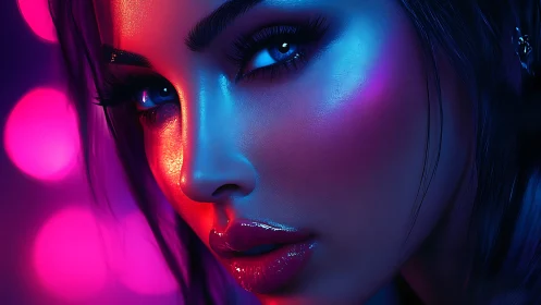 Neon lit digital portrait of female face in close focus.