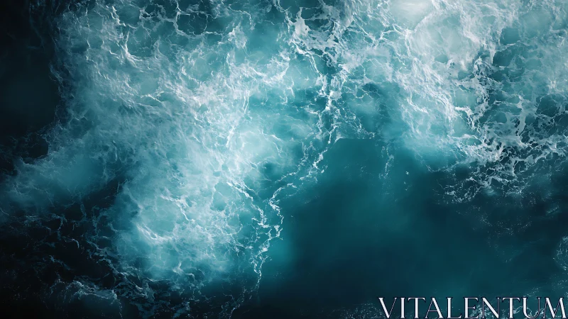 Photorealistic aerial ocean turbulence with luminous foam patterns.