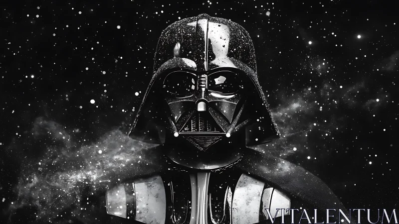 Dark armored figure looms in a star-swept galactic void