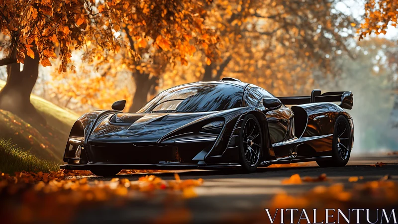 Sleek black supercar glides through a golden autumn avenue