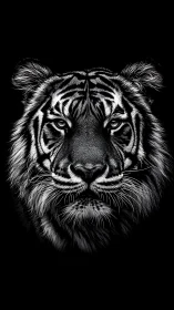 Monochrome frontal tiger portrait on uniform black background.