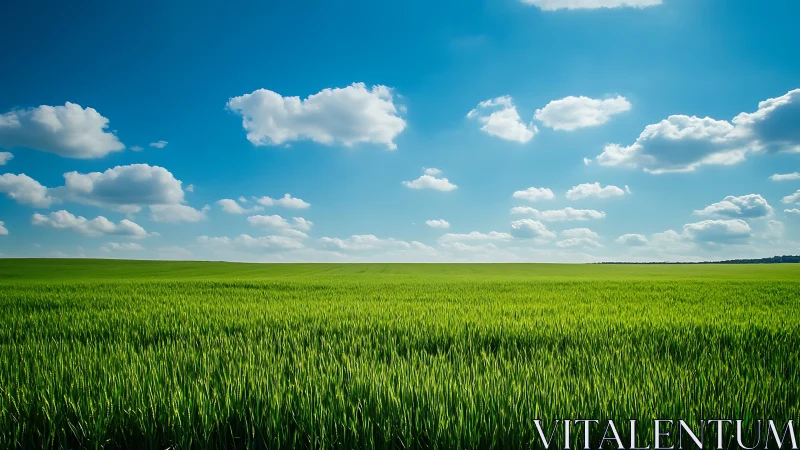 Vast green wheat field under deep blue sky with cumulus clouds