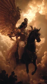 Celestial warrior on rearing steed in luminous storm clouds