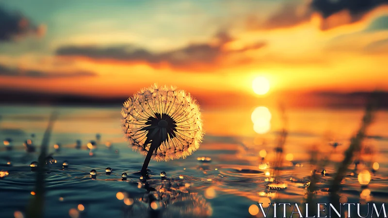 Dandelion on Water at Vibrant Sunset, Dreamy Nature Photography.