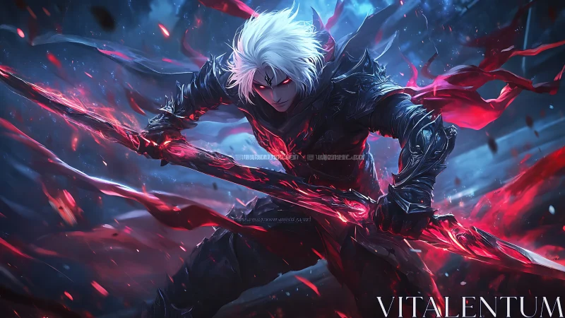 White-haired dark warrior unleashes blazing crimson power