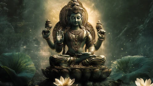 Lotus-born deity glows in emerald mist and sacred stillness.