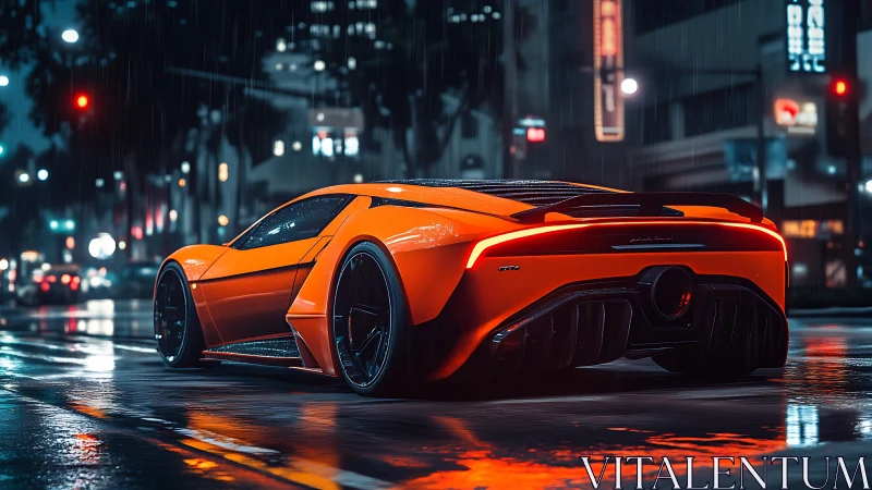 Neon city rain embracing a glowing orange supercar dream.