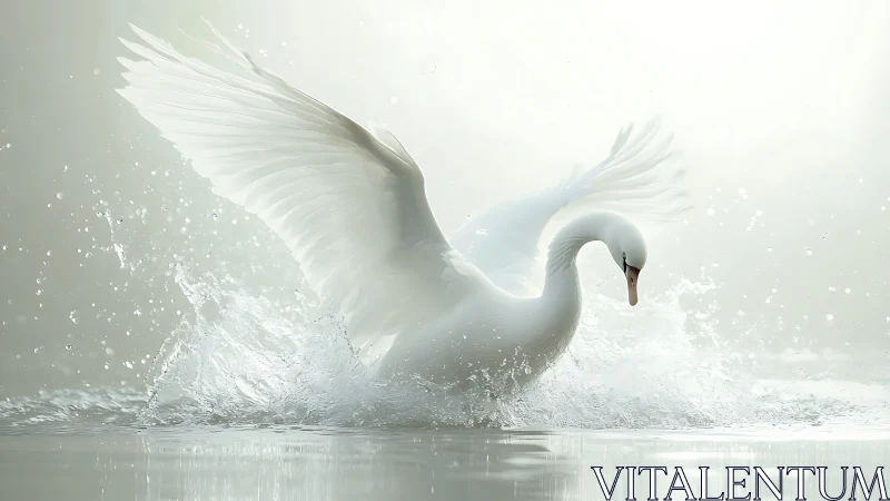 Elegant white swan bursts through shimmering morning water