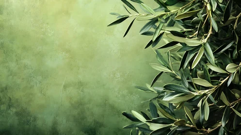 Olive branches on textured green background, high-detail layout