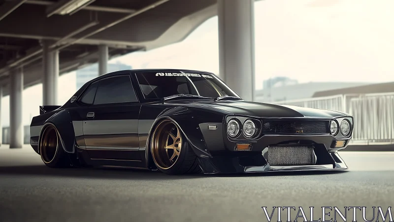 Sleek custom classic car resting low in warm city light.