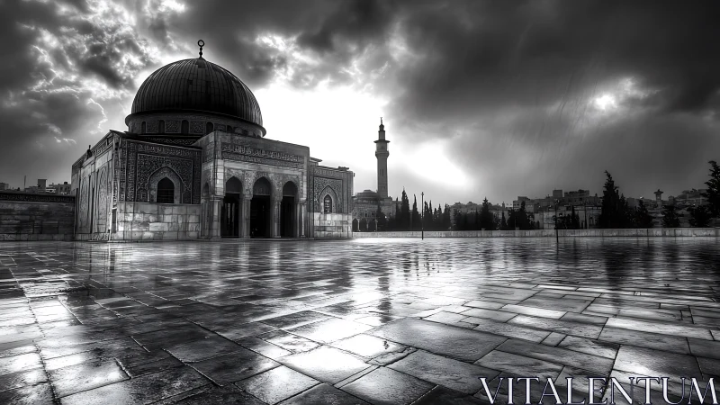 Stormlit mosque courtyard in silvery monochrome reflection poetry.