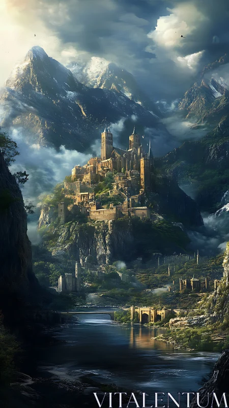 Golden cliffside castle rises over misty river valley