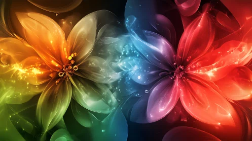 Glowing twin blossoms swirling in luminous rainbow light.