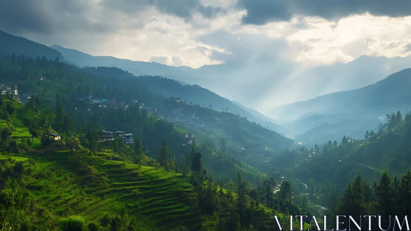 Sunlit terraced valley landscape under dramatic monsoon clouds