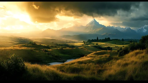 Sunlit mountain peak rises over rolling golden valley