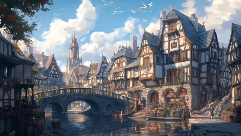 Medieval canal town with bridge and timbered houses.