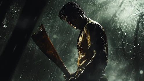 Menacing man with large blade in dark rainy forest scene.