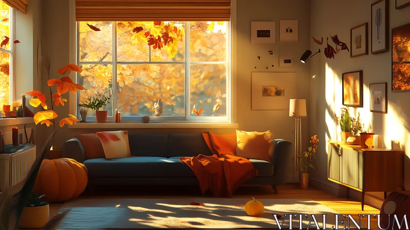 Golden autumn light fills a cozy living room sanctuary