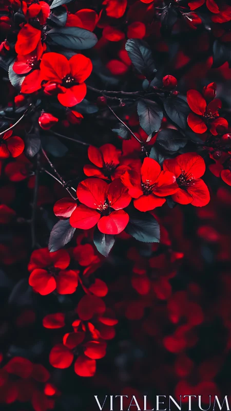 Vivid Red Flowers Dancing Among Dark Foliage.