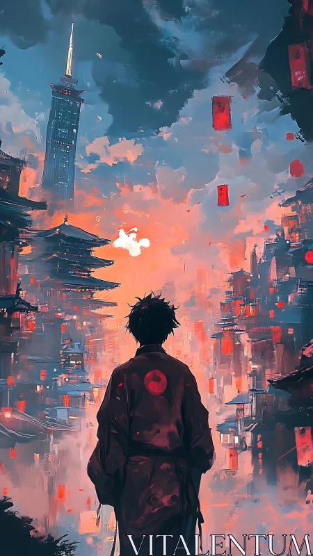 Urban samurai observing neon-pagoda skyline at dusk convergence.