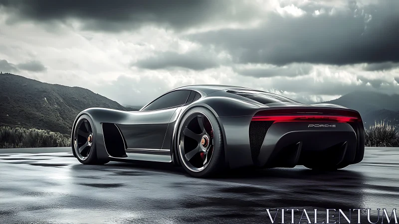 Futuristic Porsche concept car rendered on wet mountain road