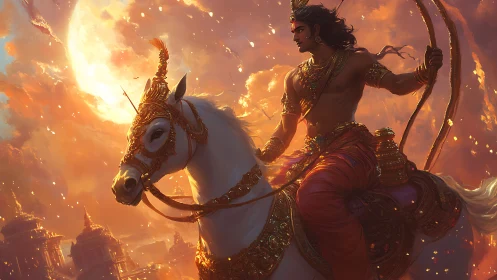 Sun-forged warrior prince riding moonlit celestial stallion.