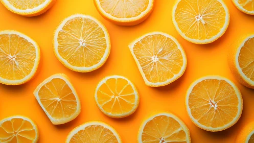 Citrus slices on vivid orange background in flat layout.