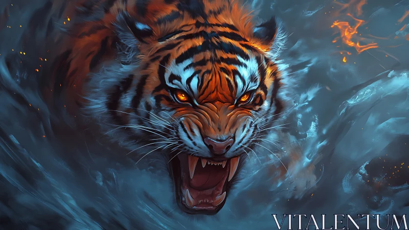 Ferocious tiger lunges through swirling fire and mist.