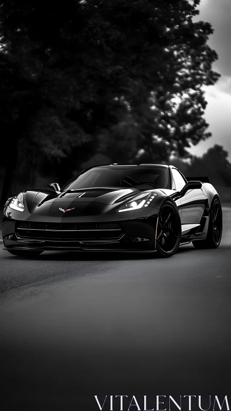 Black sports coupe cuts through moody tree-lined roadway.