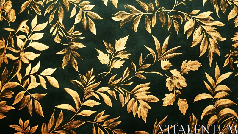 Gold botanical foliage pattern on deep emerald background.