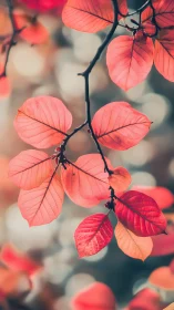 Shallow depth-of-field study of pink autumn leaves on thin branch