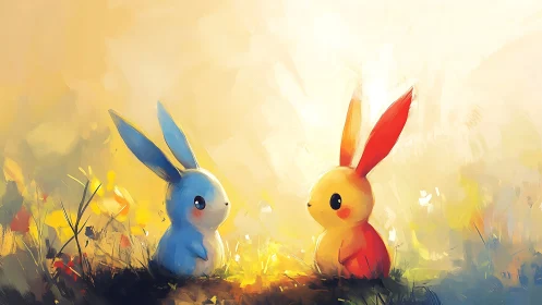 Sunny meadow meeting between two colorful bunny friends.