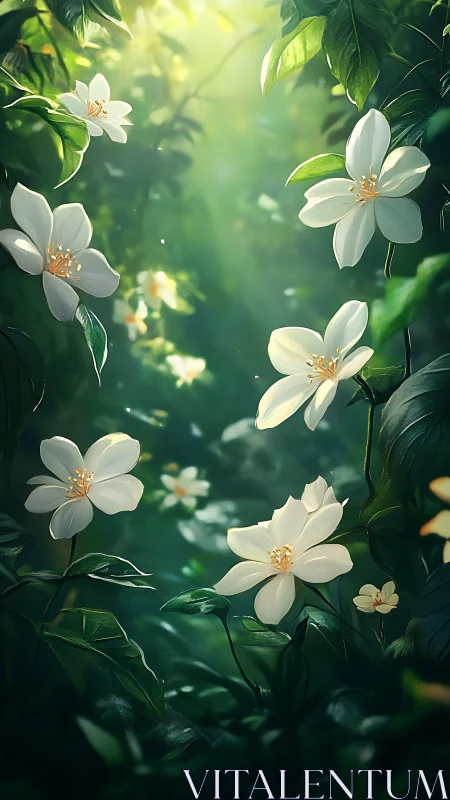 White Petaled Florets in Luminous Green Botanical Environment.