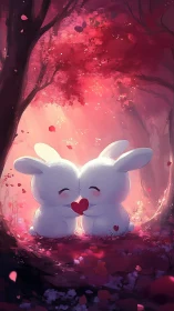 White cartoon rabbits holding heart in pink forest scene.
