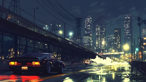 Retro sports car on neon soaked night city expressway.