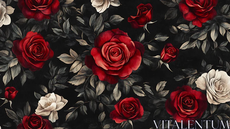 Red and Cream Roses on Black Botanical Floral Pattern.