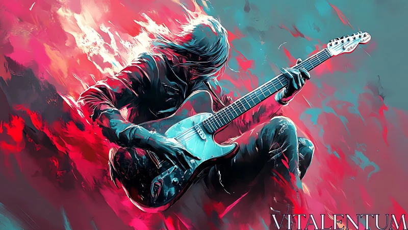 Electric guitarist engulfed in neon inferno of sound and motion.