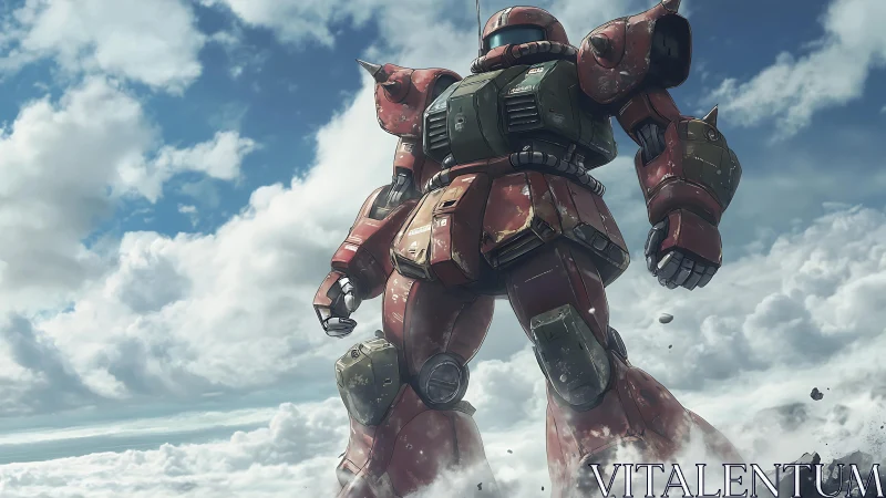Battle-worn red mecha stands in clouds under bright sky