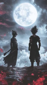 Saiyan warriors under vast bloodlit moonlit sky.